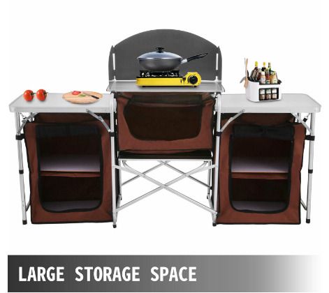 Brown Camping Outdoor Kitchen Table Cabinet Foldable Folding Cooking Storage Rack for BBQ Picnic X-Shaped Aluminum Alloy Bracket