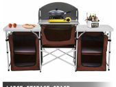 Brown Camping Outdoor Kitchen Table Cabinet Foldable Folding Cooking Storage Rack for BBQ Picnic X-Shaped Aluminum Alloy Bracket