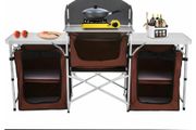 Brown Camping Outdoor Kitchen Table Cabinet Foldable Folding Cooking Storage Rack for BBQ Picnic X-Shaped Aluminum Alloy Bracket