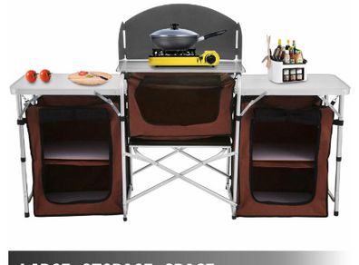 Brown Camping Outdoor Kitchen Table Cabinet Foldable Folding Cooking Storage Rack for BBQ Picnic X-Shaped Aluminum Alloy Bracket