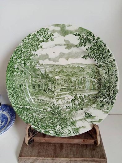green transferware plate, Broadhurst plate, farmhouse plate