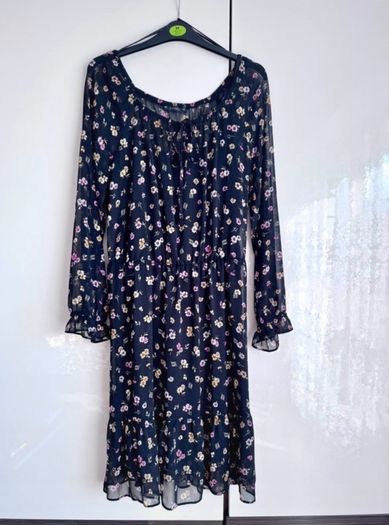Dunnes Stores Black Floral Dress Size 14/42 - Sheer Sleeves - Knee Length