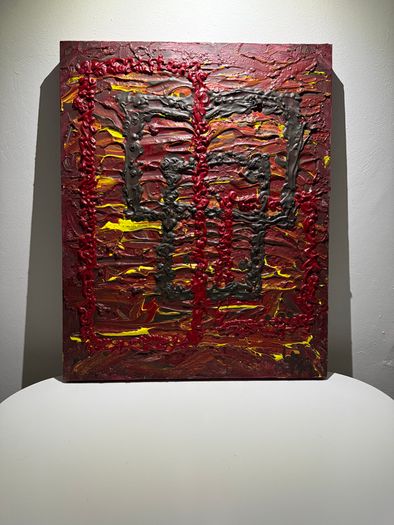 Original "666" Red Textured Abstract Oil Painting 41x51cm - Signed Monogram (yet, unknown artist)