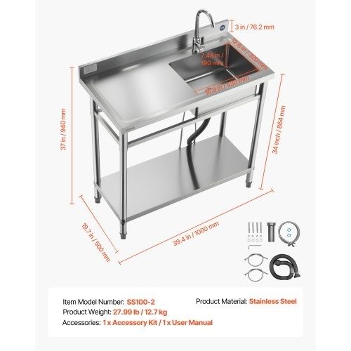 Stainless Steel Utility Sink, Free Standing Single Bowl Commercial Kitchen Sink with Faucet, 1000 x 500 x 940 mm, Utility Left Basin with Hot & Cold Water Pipe for Garage, Restaurant, Laundry