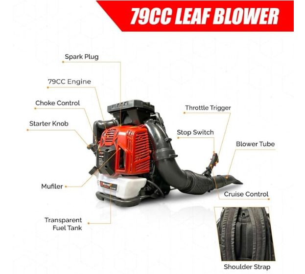 BU-KO 79CC Petrol Backpack Leaf Blower - Powerful 2 Stroke Air Cooled Engine - Lightweight With New and Improved Padded Support Straps While Using - Safety Gear