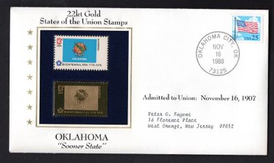 1988 USA  Oklahoma "Sooner Tree State" 22kt Gold Replica of the 1976 United States Flag Stamps showing 25c US flag definitive tied Oklahoma City, Oklahoma(state capital) illustrated cover