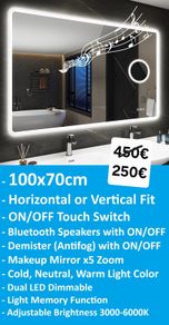 LED Bathroom Mirror 70x100 Makeup Antifog Bluetooth Speakers 3 Color Temperature