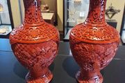 Pair of antique handcarved cinnabar blue enamel vases