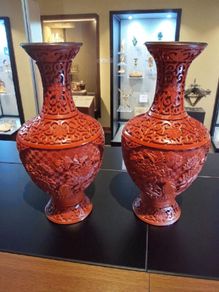 Pair of antique handcarved cinnabar blue enamel vases