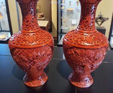 Pair of antique handcarved cinnabar blue enamel vases