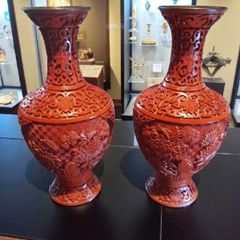 Pair of antique handcarved cinnabar blue enamel vases