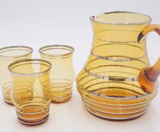 Vintage Amber Glass Jug With Glasses