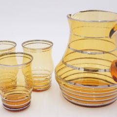 Vintage Amber Glass Jug With Glasses