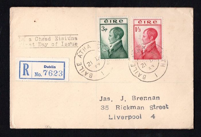 1953 Ireland Robert Emmett Commemorative Stamps First Day Registered Cover (FDC) with Baile Atha Cliath (Dublin) cancel