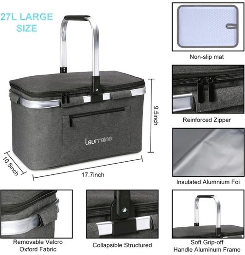 22L Cooler Bag,Insulated Picnic Basket,Isothermal Lunch Bag ,Collapsible Cooler Bag,Shopping Baskets for Camping/Outdoor Activities/Family Travel/BBQ/Shopping (FREE POSTAGE)