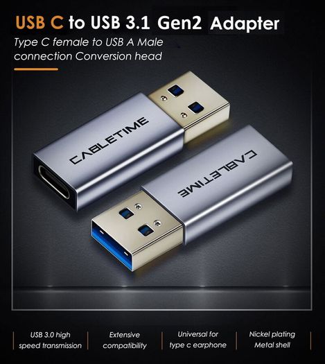 Cabletime Aluminum Alloy USB 3.1 Gen 2 (10 Gbps) Type-C (Female) to Type-A (Male) 60W Premium Adapter Convertor (Brand New/Warranty)