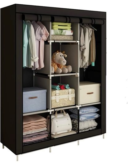NEW SALE | Canvas Wardrobe Cupboard Clothes Storage Organiser With 2 Hanging Rail and 6 Shelves,Grey