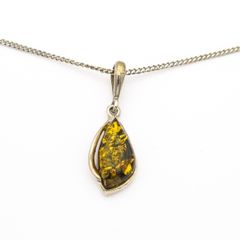 Vintage 925 Sterling Silver & Natural Green Amber Necklace