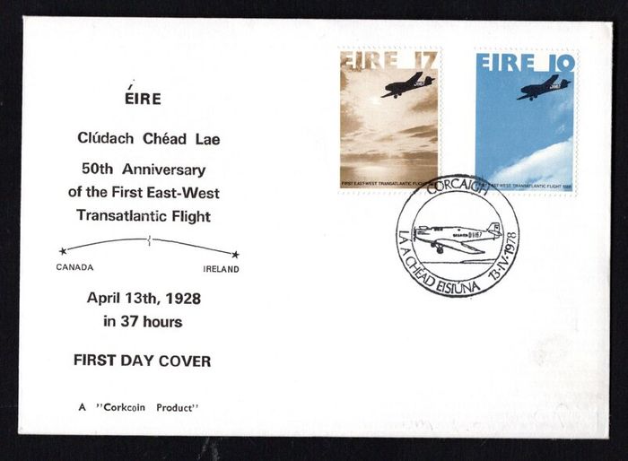 1978 Ireland 50th Anniversary of the First East to West Transatlantic Flight Ireland Commemorative Stamp Illustrated Corkcoin First Day Cover (FDC) with Corcaigh (Cork) Pictorial cancel