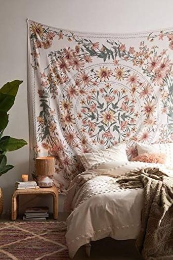 NEW SALE |  Bohemian Tapestry Wall Hanging, Mandala Flower Medallion Hippie Tapestry with White Aesthetic Wreath Design, Psychedelic Hippie Wall Decoration Ceiling for Bedroom Dorm 150 x 170 cm