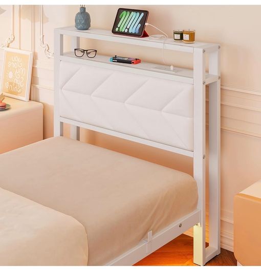 ingle Floating Upholstered Bed Frame with Storage Headboard, White Metal Bed Frame with LED Lights and Charging Station, Heavy Duty Metal Slat Support, Noise Free, No Box Spring Needed
