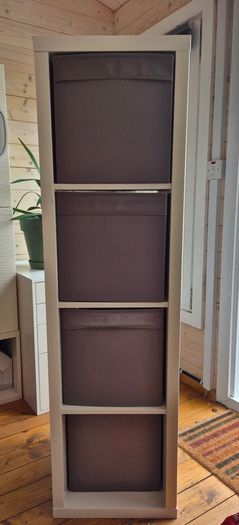 IKEA KALLAX 1x4 Shelving Unit (White) + 4 Fabric Storage Bins