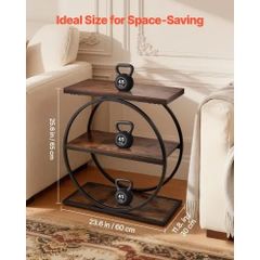 End Table, 3-Tier Narrow Side Table with Open Storage Shelves, Modern Nightstand Bedside Desk with Round Metal Frame, Wood Sofa Coffee Desk for Living Room, Bedroom, Office, Rustic Brown