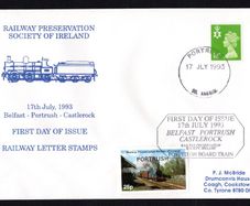 1993 Northern Ireland Railway Preservation Society of Ireland. Belfast-Portrush-Castlerock. First Day of Issue Cover tied Portrush Railway stamp and 18p Northern Ireland Machine.