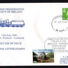 1993 Northern Ireland Railway Preservation Society of Ireland. Belfast-Portrush-Castlerock. First Day of Issue Cover tied Portrush Railway stamp and 18p Northern Ireland Machine.
