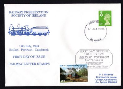 1993 Northern Ireland Railway Preservation Society of Ireland. Belfast-Portrush-Castlerock. First Day of Issue Cover tied Portrush Railway stamp and 18p Northern Ireland Machine.