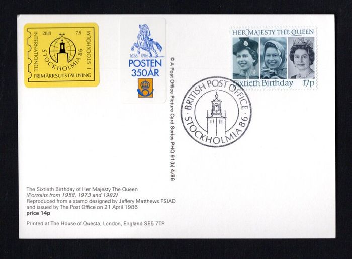 1986 Great Britain The Sixtieth Birthday of Her Majesty The Queen PHQ Postcards used with  Stockholmia 86 Exhibition show with show label cancel