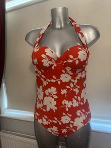Very red floral halter neck swimsuit size UK12/14 EU40/42 cup UK36C EU80C Postage included