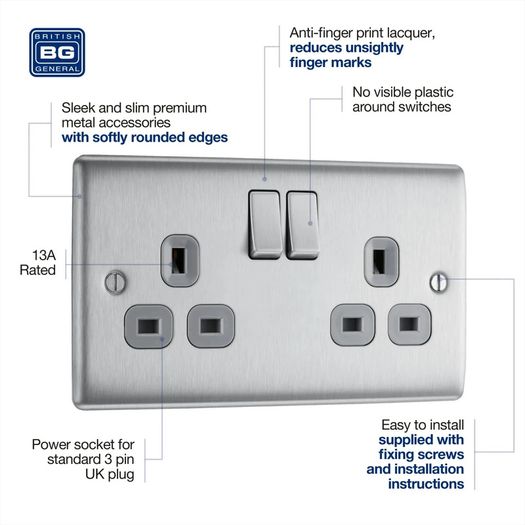 2x BG Nexus Brushed Steel NBS22G Double Socket Switched