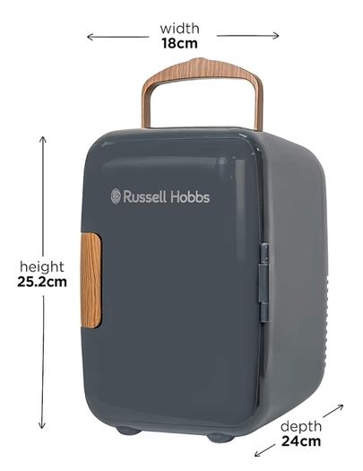 Mini Portable Cooler & Warmer for Drinks, Cosmetics/Makeup/Skincare, AC/DC Power, Scandi Style, Grey & Wood Effect, For Bedroom, Home, Caravan, Car