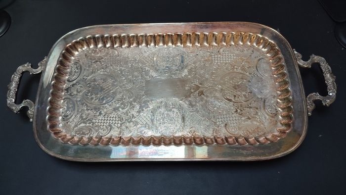 Vintage Silver Plated Butlers Serving Tray Platter Claw Footed 24 inch x 12 inch Leonard English