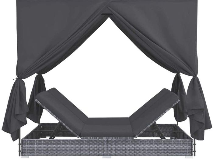 Double Sun Lounger with Curtains, Garden Recliner Furniture in Poly Rattan, Grey