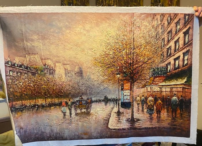 Large Hand Painted Oil on Canvas - Vintage Parisienne Street Scene