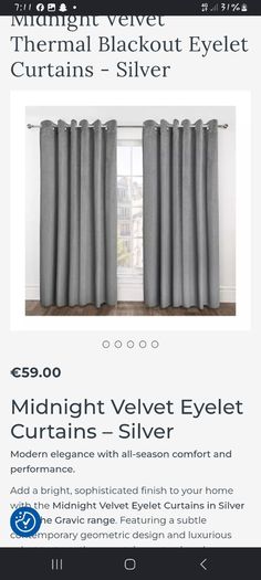 Brand new 2 x Midnight Velvet Thermal Blackout Eyelet Curtains - Silver Sizes in comments
