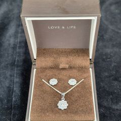 Ernest Jones Love & Life Sterling Silver Flower Necklace Earrings Set Boxed