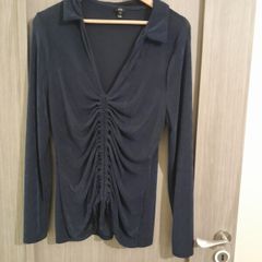 Navy with a silver shimmer long sleeve top with collar. Size 18 river island.  Drawstring up middle/front