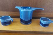 Amazing and Rare Vintage Mid Century Modern Celtic Thomas Unusual-Handled Tall Teapot in the Lilac and Indigo Colourway, Plus Two Matching Cups in The Wave Pattern