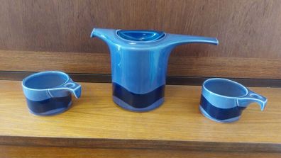 Amazing and Rare Vintage Mid Century Modern Celtic Thomas Unusual-Handled Tall Teapot in the Lilac and Indigo Colourway, Plus Two Matching Cups in The Wave Pattern