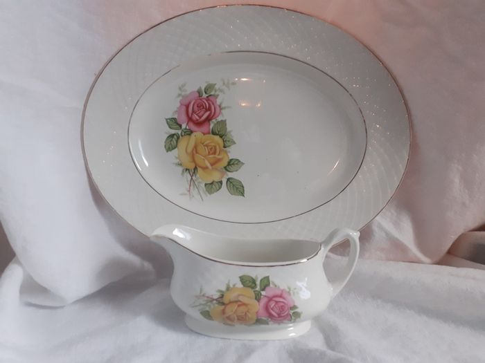 Staffordshire Floral Serving Plate  & Sauce  / Gravy Boat.