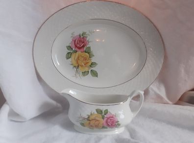 Staffordshire Floral Serving Plate  & Sauce  / Gravy Boat.
