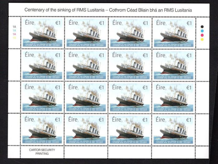 2015 Ireland Centenary of The Sinking of the RMS Lusitania Commemorative Stamps Sheetlet Plate 1A1A1A1A Mint Never Hinged (MNH)