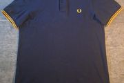 Fred Perry Navy Blue Polo Shirt Yellow Gold Twin Tip Laurel Size L