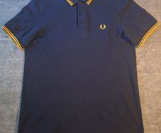 Fred Perry Navy Blue Polo Shirt Yellow Gold Twin Tip Laurel Size L