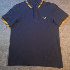 Fred Perry Navy Blue Polo Shirt Yellow Gold Twin Tip Laurel Size L