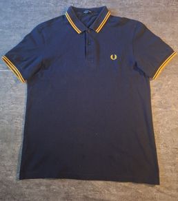 Fred Perry Navy Blue Polo Shirt Yellow Gold Twin Tip Laurel Size L