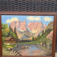 Original Mid Century Oil Painting Monte Cristallo Dolomites Alpine Landscape 1949